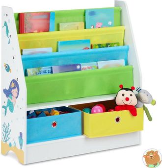 Relaxdays Childrens Shelf, Mermaid Motif, 2 Boxes, 3 Compartments, Toy Storage, Bookshelf hwd: 74x71x23 cm, Colourful - Relaxdays