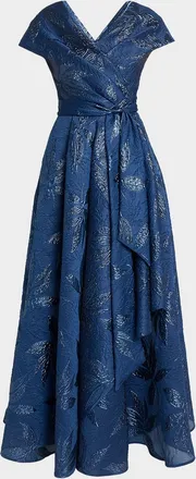 Talbot Runhof Draped Metallic Peony Jacquard Cap-Sleeve Gown