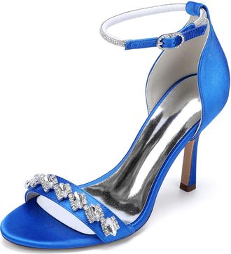 Generic Wedding Shoes Womens High Heel Sandals Open Toe Ankle Strap Satin Bridal Formal Prom Party Dress Stiletto Shoes 9.5Cm,Royal Blue,10 UK