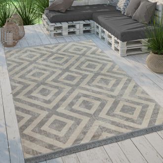 Paco Home Paco Home - Alfombra Tejido Plano Interior Exterior Moderno Motivo Rombos Terraza Balc&oacute;n &Oslash; 200 Cm Redon, Gris-blanco
