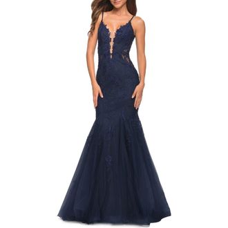 La Femme Tulle and Lace Mermaid Gown in Jewel Tones in Navy at Nordstrom, Size 00
