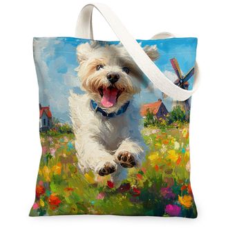 Generic Spring Havanese Dog Canvas Tote Bag for Shopping 13x15, Country Garden Puppy Reusable Grocery Print Pattern Bag for Women, Fun Flower Pet Beach Aesthe