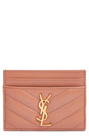 Saint Laurent Cassandra Matelass&eacute; Leather Card Case in Barely Pink at Nordstrom