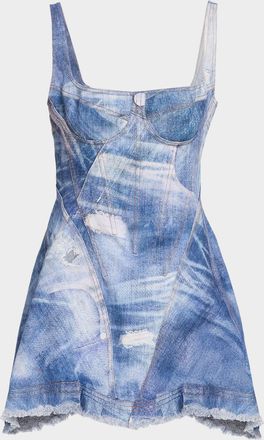 Roberto Cavalli Patchwork-Print Denim Bustier Mini Dress