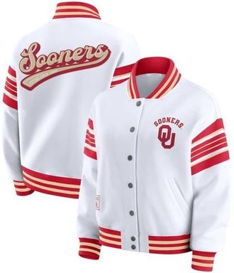 WEAR by Erin Andrews Womens WEAR by Erin Andrews White/Crimson Oklahoma Sooners Satin Stitch Full-Snap Fleece Sweatshirt Jacket at Nordstrom, Size Xx-Large