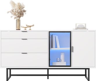 STILVORA Aparador Vitrina Con 3 Cajones, 2 Puertas Y Led, Para Comedor O Salon, En Mdf Y Tableros, Blanco, 160&times;36&times;78 Cm