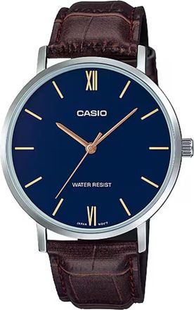 Casio Mens Brown Leather Watch with Blue Dial - MTP-VT01L-2BUDF
