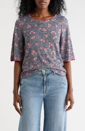 Bobeau Whipstitch Trim Print Knit Top in Navy/red Cherries at Nordstrom Rack, Size Medium