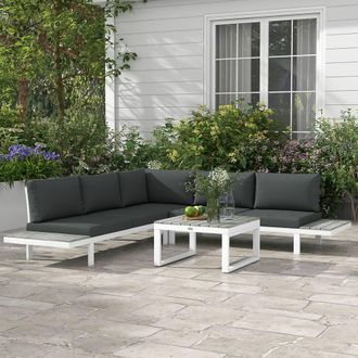OUTSUNNY 4 PCs Garden Set with 5-Level Recline Corner Conversation Sofa Set in White