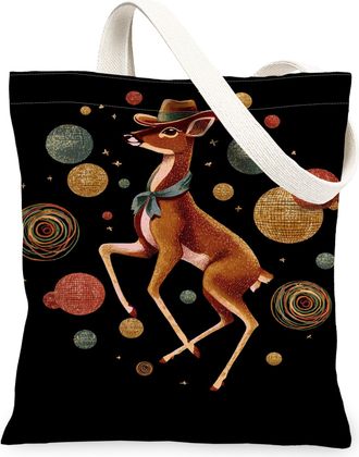 Generic Deer Canvas Tote Bags, Rustic Animal Design Reusable Grocery Bags, Vintage Lightweight Washable Shoulder Strap for Travel B, Black, 13x15 Inch