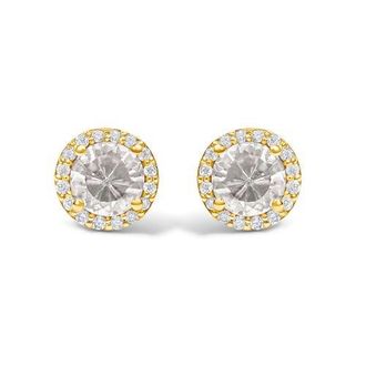 House of Brilliance 10K Gold Gemstone and 1/6 Cttw Diamond Halo Stud Earring in Yellow | White Topaz at Nordstrom