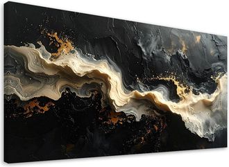 Feeby Cuadro En Lienzo, Abstracci&oacute;n De L&iacute;neas Onduladas En Negro Y Beige, 120x60