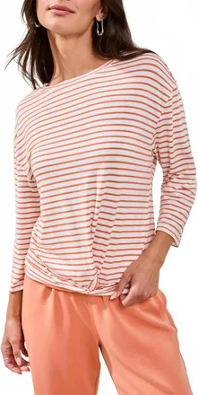 Tribal Boat Neck Striped Top With Front Knot In Guava Blush