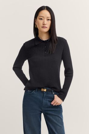 Bugatti Damen Gebreide polo met lange mouwen van geribt breisel met knoopsluiting