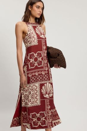 Karen Millen Womens Linen Viscose Tile Print Woven Midi Dress - Brown - Size 16 UK