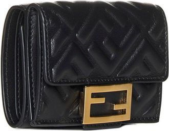 Fendi Womens Micro Trifold Wallet Ff Leather Black Lamb Skin & Purses