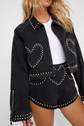 NASTY GAL Heart Studded Cropped Denim Jacket in Washed Black at Nordstrom, Size 12