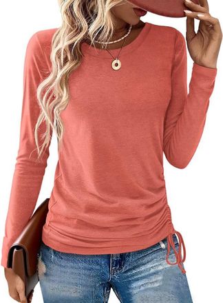 Generic Long Sleeve Tops Women, Ladies Plain Long Sleeve T-Shirt Top Crew Neck Jumper Side Tie Tee Shirt Loose Fit Casual Round Neck T-Shirts Dressy Tops Blou