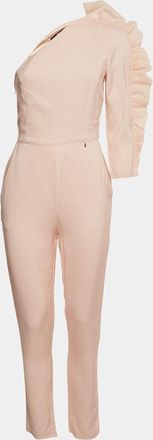 Elisabetta Franchi Peach Gingham Cotton Ruffled One Shoulder Jumpsuit