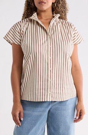 Sugarlips Patma Ruffle Stripe Shirt in Brown-Cream at Nordstrom, Size 1X