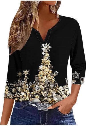 Generic Womens Christmas Tops Button Up 3/4 Sleeve Xmas Tree Snowflake Printed T-shirt V Neck Xmas Shirts Funny Santa Claus Christmas T Shirts Casual Pullover