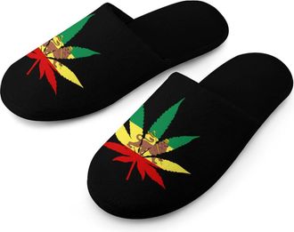 Generic Jamaica Weed Rasta Lion Leaf Warm Mens Slippers Slip On Soft Fleece House Shoes Winter Indoor Outdoor