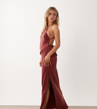 Asos Petite ASOS DESIGN Petite - Vestito lungo marrone con spalline sottili sul retro-Multi