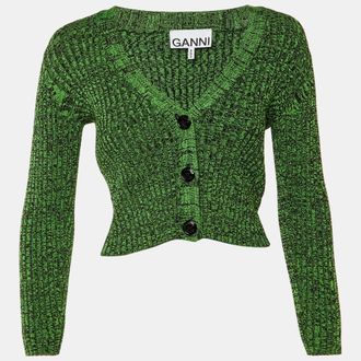 Ganni Ganni Green Rib Knit Button Front Cardigan