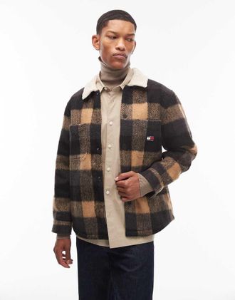 Tommy Jeans Camicia giacca a quadri marroni e beige con colletto in peluche-Marrone