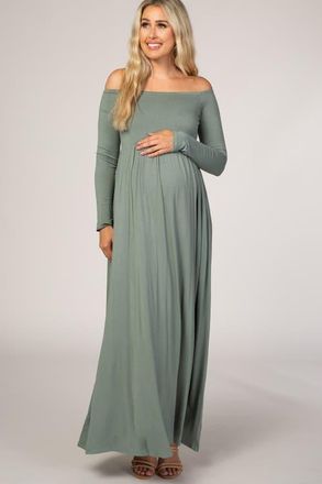 Pinkblush Off Shoulder Long Sleeve Maxi Dress in Light Olive at Nordstrom, Size Medium