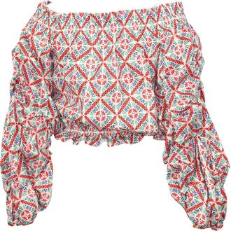 Caroline Constas Smocked Off Shoulder Top in Multicolor Cotton