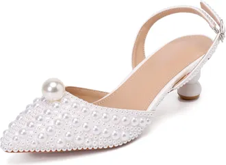 Minitoo Womens Slingback Wedding Shoes Low Heel Formal Evening Prom Pumps H005 White Jeweled UK 8