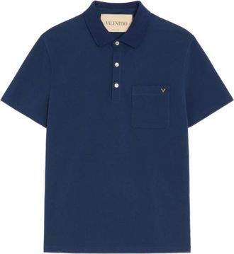 Valentino Tops, Heren, Blauw, L, Katoen, Cotton Piqu&eacute; Polo met VGold