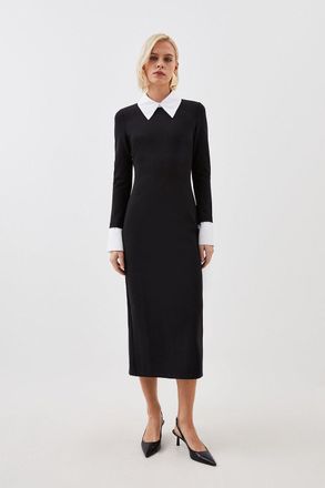 Karen Millen Womens Jersey Cotton Poplin Midi Collar Dress - Monochrome Multi Viscose - Size X-Small