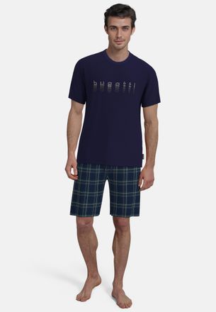 Bugatti Shorty BUGATTI, Herren, Gr. 48, blau, dunkel, karo, Single Jersey, Obermaterial: 100% Baumwolle, bequem kurz, Rundhals, gerader Abschluss, Homewear-Se