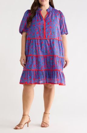 Sugarlips Tanya Korra Floral Tiered Shift Dress in Blue-Fuchsia at Nordstrom, Size 3X