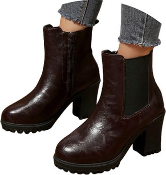 Generic 2026 Chunky Heel Round Toe Mid Calf Boots Side Zipper Fashion Booties for Fall and Winter Comfort (Brown, 5.5)