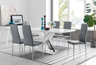Furniturebox Atlanta Modern Rectangle Chrome Metal High Gloss White Dining Table & 6 Milan Chairs Set in Grey
