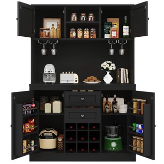 STILVORA Aparador De Cocina Alto Con 4 Puertas, 2 Cajones, Estantes Ajustables Y Botellero En Mdf 120x40x188 Cm Negro