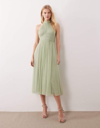 Lace & Beads Vestito midi accollato da cerimonia in tulle verde salvia