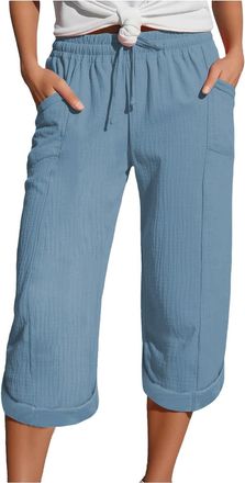 Generic HOOUDO Crop Trousers for Women UK,Cropped Linen Trousers Womens Summer Capri Pants Elasticated Waist 3/4 Length Joggers Baggy Wide Leg Ladies Casual J