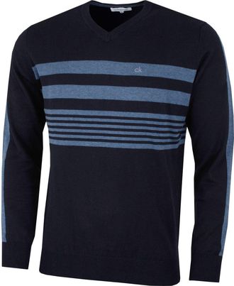 Calvin Klein Mens V Neck Performance Soft Chest Stripe Sweater Navy
