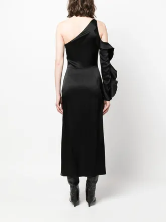 DAVID KOMA Asymmetric Ruffle-Trim Satin Dress - Black