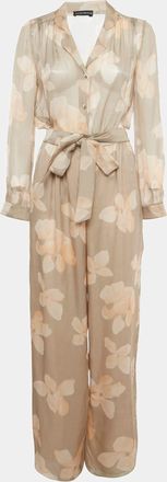 Emporio Armani Beige Floral Printed Silk Belted Jumpsuit