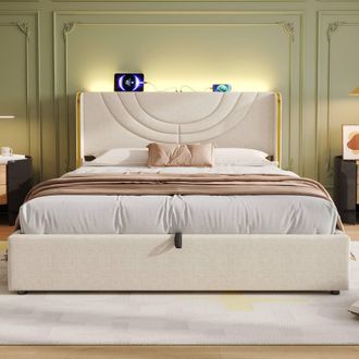 Merax 4ft6 Double Hydraulic Storage Bed with LED, Charging Station in Beige
