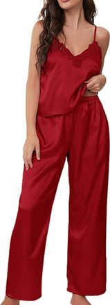 Generic Womens Silk Pyjamas V Neck Soft Satin Sleeveless Camisole Top & Long Panst Two Piece Pajamas Set Pull Over Lace Trim Summer Satin Pyjamas for Women Co