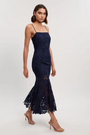 Karen Millen Womens Petite Guipure Lace Woven Bardot Midi Dress - Navy - Size 16 UK