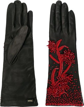 Prada Guanti con applicazioni floreali - Nero