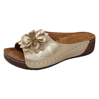 Generic Casual Sandals For Women Thick Soled Flower Fashion Casual Women Shoes Solid Color Open Toe Hollow Slippers Soft Breathable Outdoor Wedges Shoes (Gold