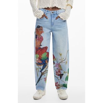 Desigual Artist Print Boyfriend Barrel Jeans in Medium Blue at Nordstrom, Size 38